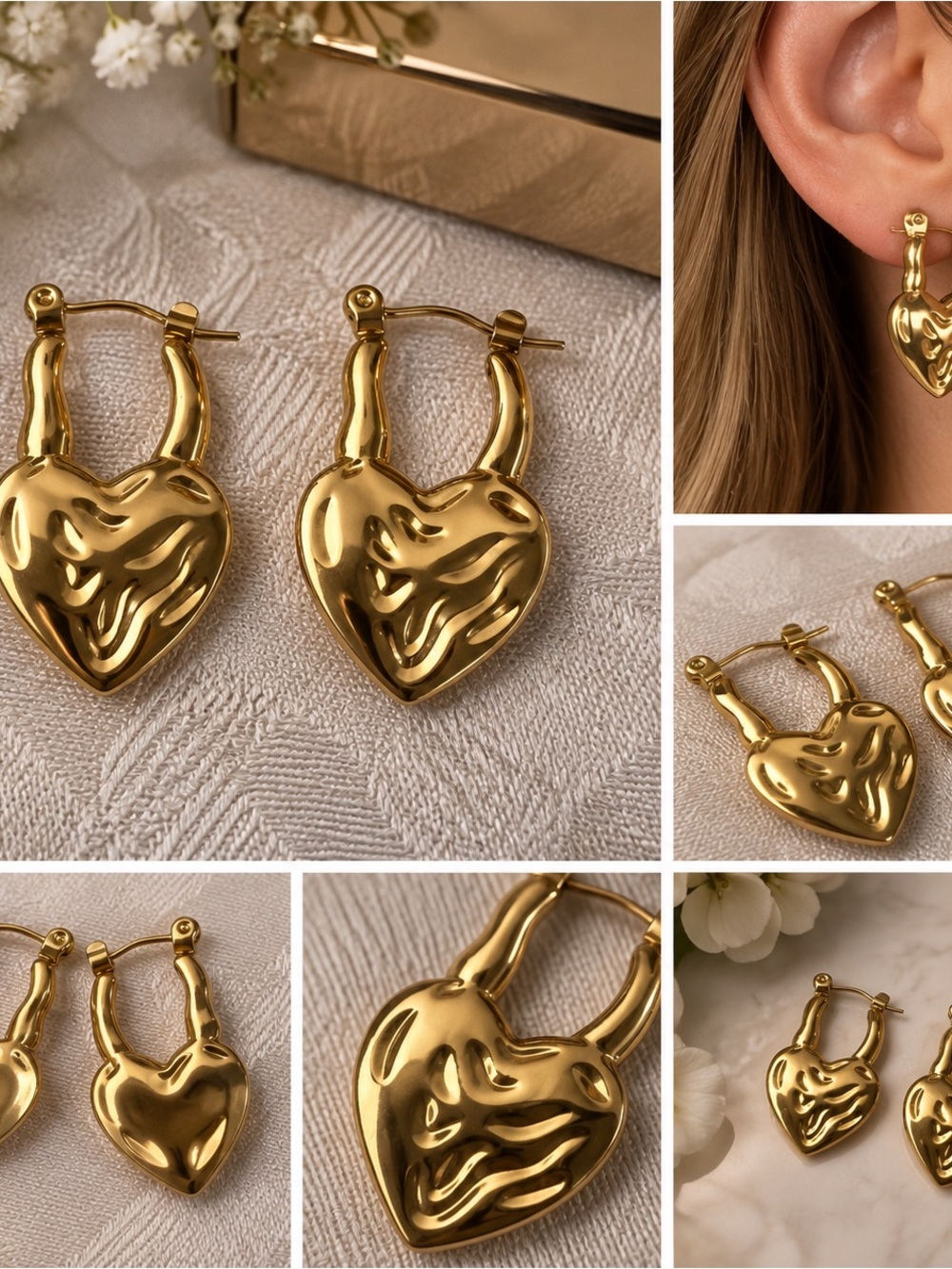 Gold Heart Sculpted Hoop Earrings - Women Jewelry